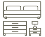 Lits, sommiers, matelas, tables de nuit, commodes